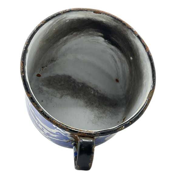 Blue Swirl Graniteware Coffee Cup Black Rim Enamel Cowboy Mug Chuckwagon - Picture 6 of 8